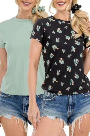 2 Pack Rib Knit Tops With Matching Hair Scrunchie - Cactus   Solid Sage