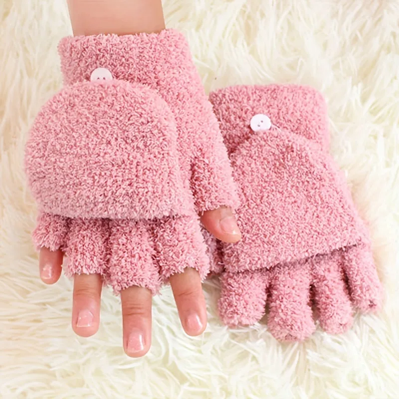 2 Pair Coral Fleece Flip Half-finger Gloves, Simple Cold-proof Writing Thicken Warm Gloves