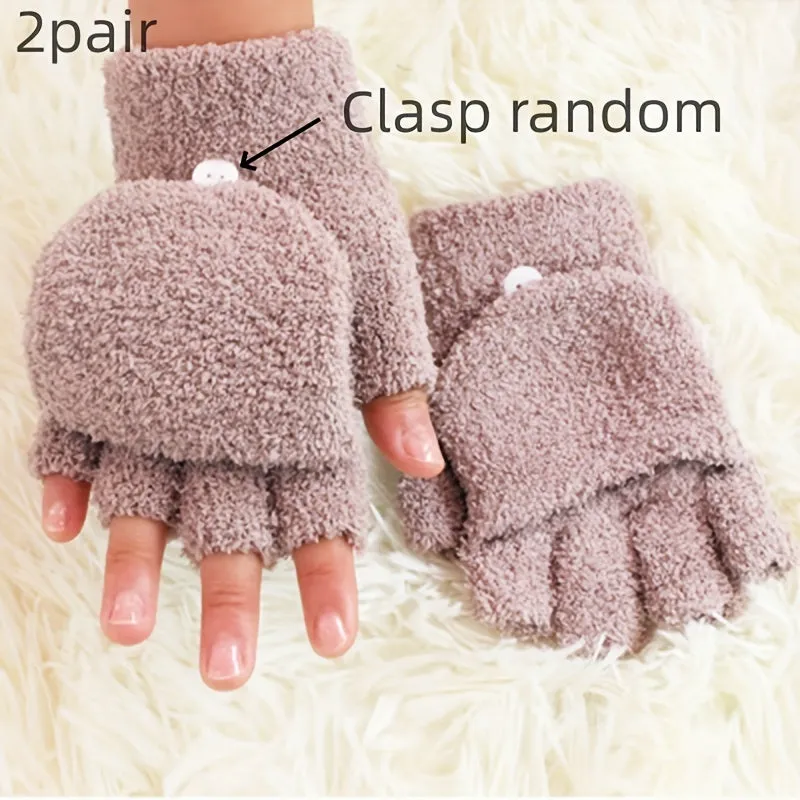 2 Pair Coral Fleece Flip Half-finger Gloves, Simple Cold-proof Writing Thicken Warm Gloves