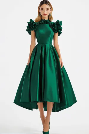 A Line High Neck Dark Green Formal Dress with Ruffled Short Sleeves