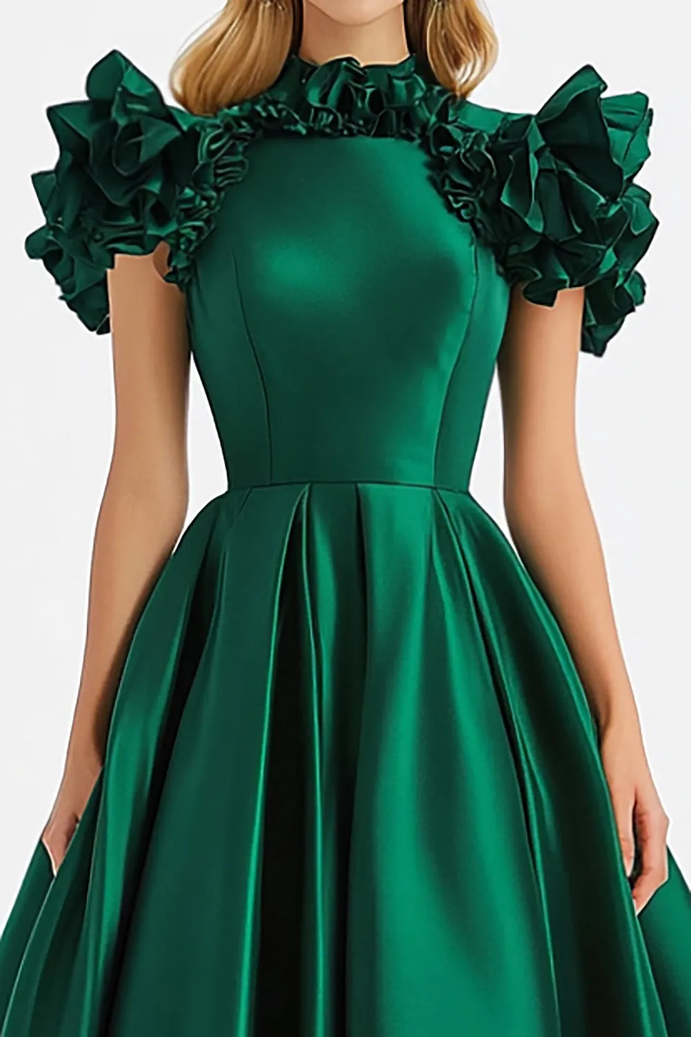 A Line High Neck Dark Green Formal Dress with Ruffled Short Sleeves