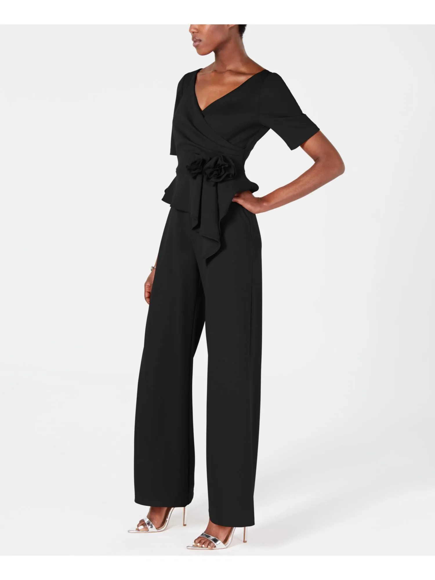 ADRIANNA PAPELL Womens Black Gathered Short Sleeve Surplice Neckline Cocktail Wide Leg Jumpsuit