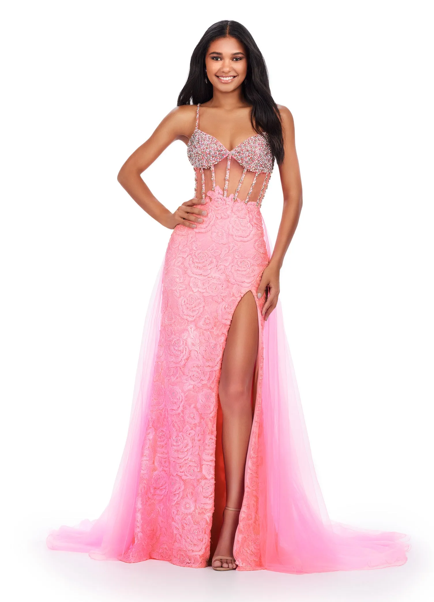 Ashley Lauren 11517 Sheer Crystal Corset Lace Dress Overskirt Slit  Long Prom Pageant Gown