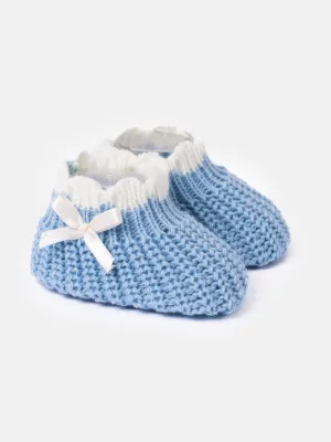 Baby Unisex Knitted Booties with Satin Bow - Blue