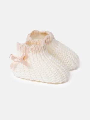 Baby Unisex Knitted Booties with Satin Bow - Ivory