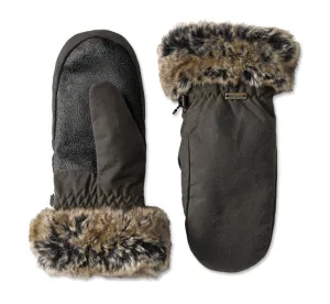 Barbour Wax Mittens with Fur Trim Olive