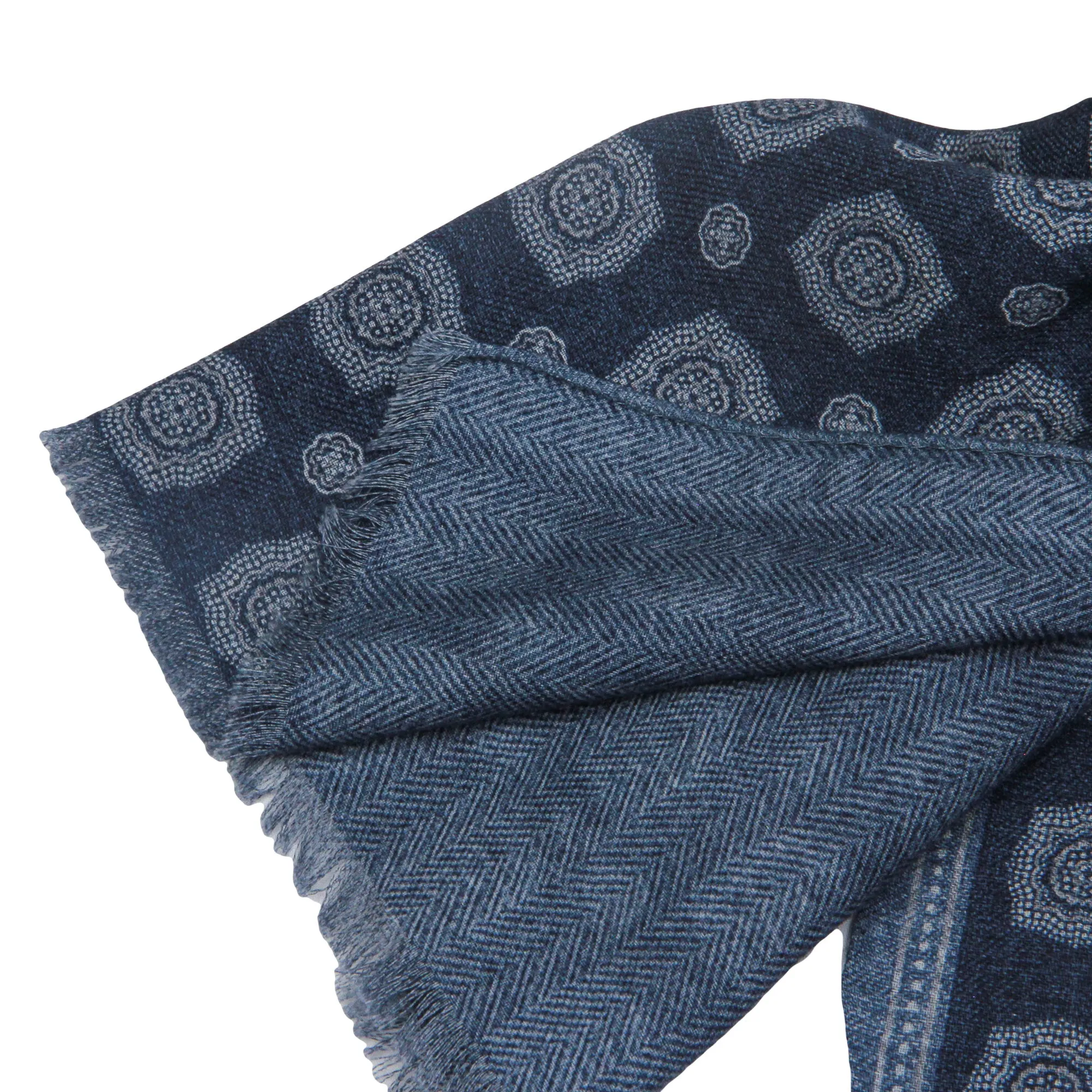 Blue Medallion/Herringbone Reversible Wool Scarf - Paolo Albizzati