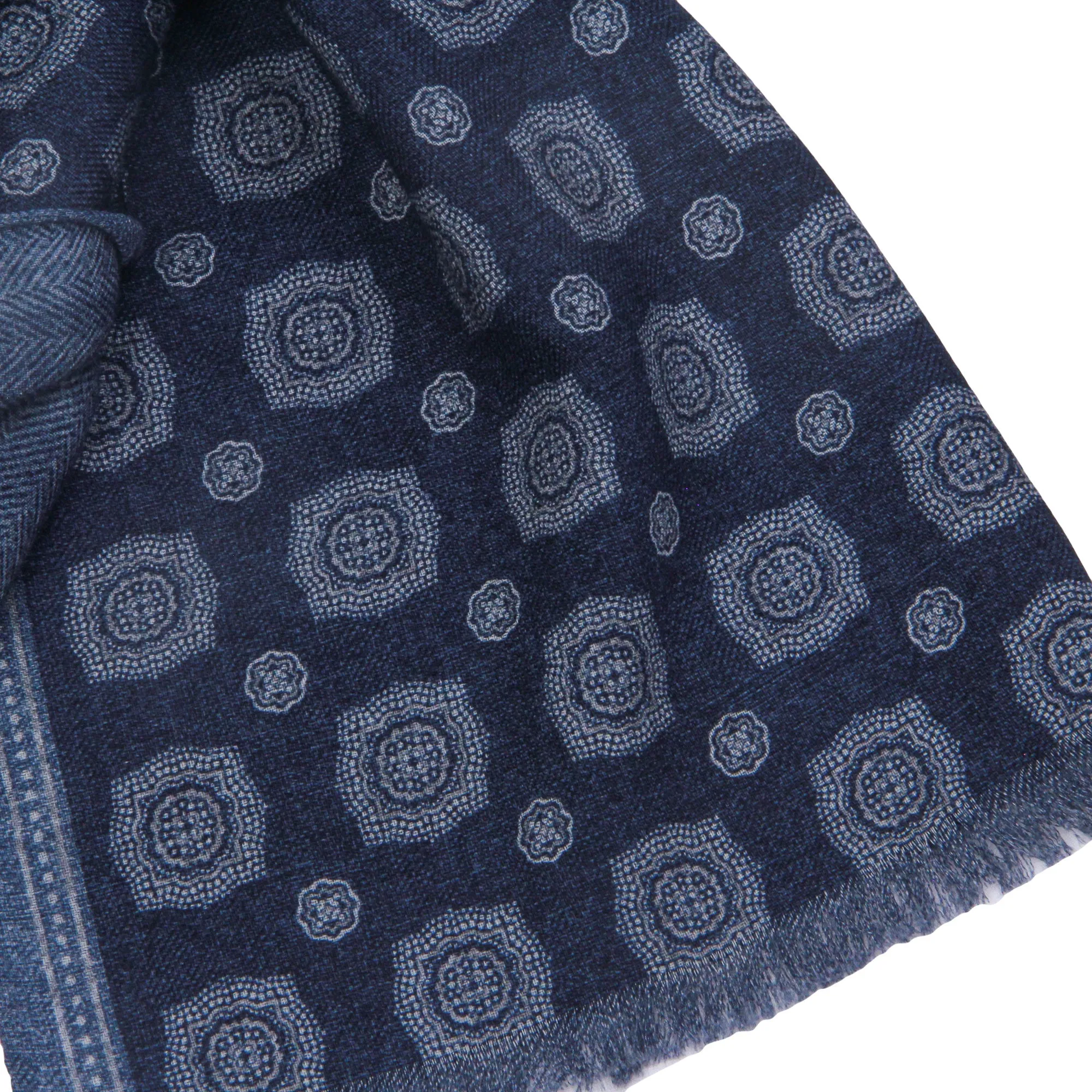 Blue Medallion/Herringbone Reversible Wool Scarf - Paolo Albizzati