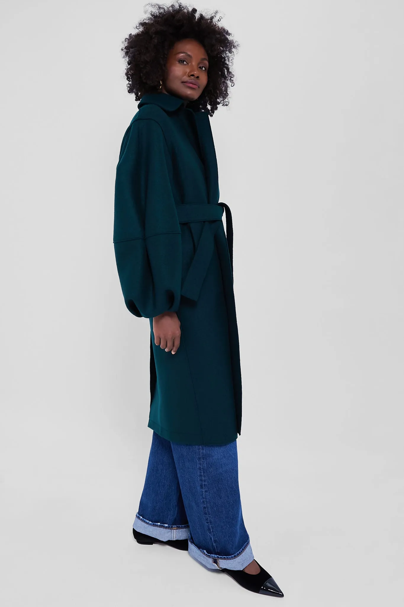 Bottle Green Puffed Sleeve Pressed Wool Coat