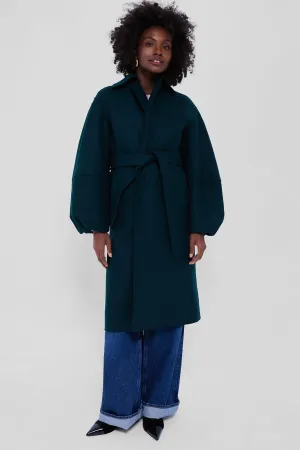 Bottle Green Puffed Sleeve Pressed Wool Coat