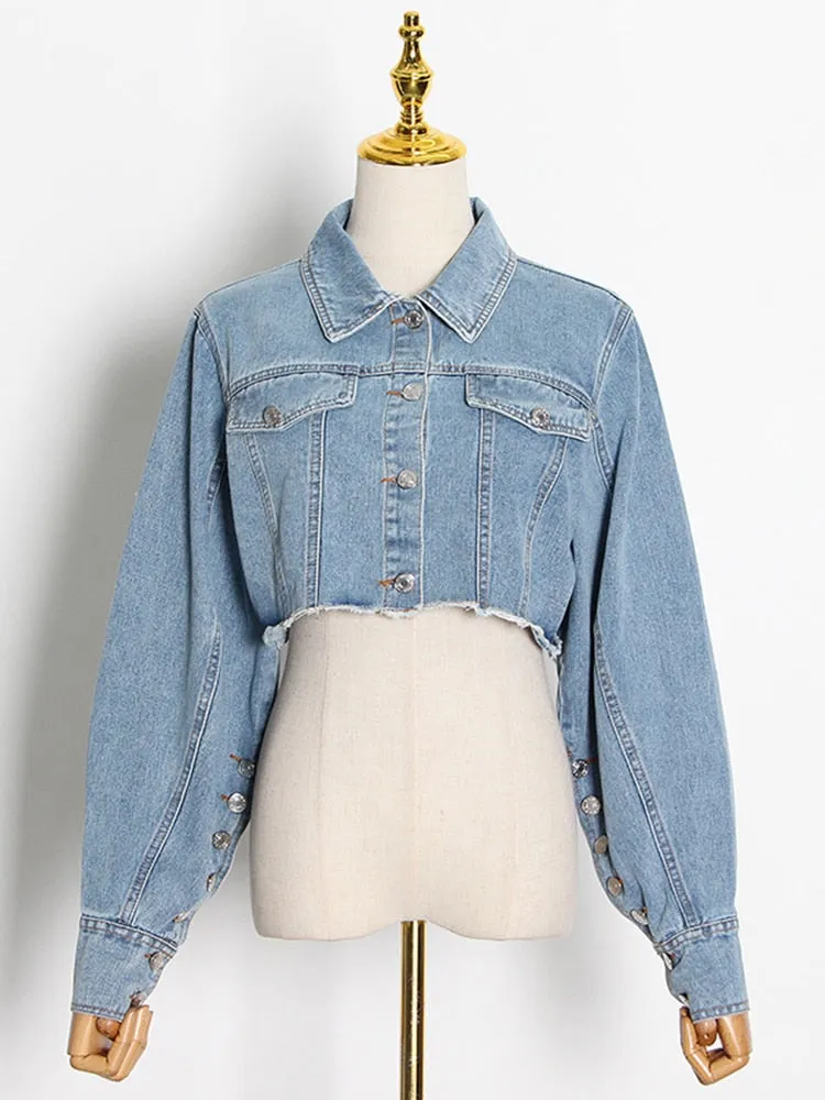 Casual Denim Short Coats For Women Lapel Collar Long Sleeve Tassel Blue Jackets Female Fashion Clothing