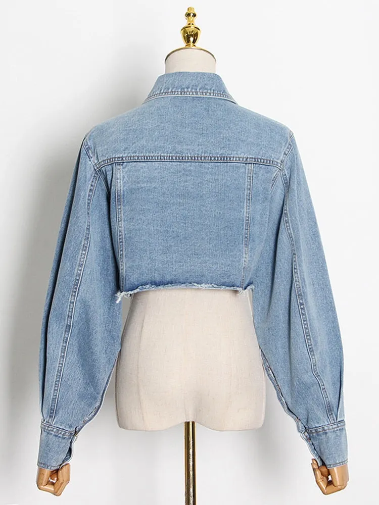 Casual Denim Short Coats For Women Lapel Collar Long Sleeve Tassel Blue Jackets Female Fashion Clothing