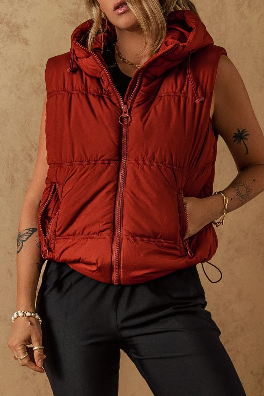 Clay Zip Up Side Pockets Hooded Puffer Vest