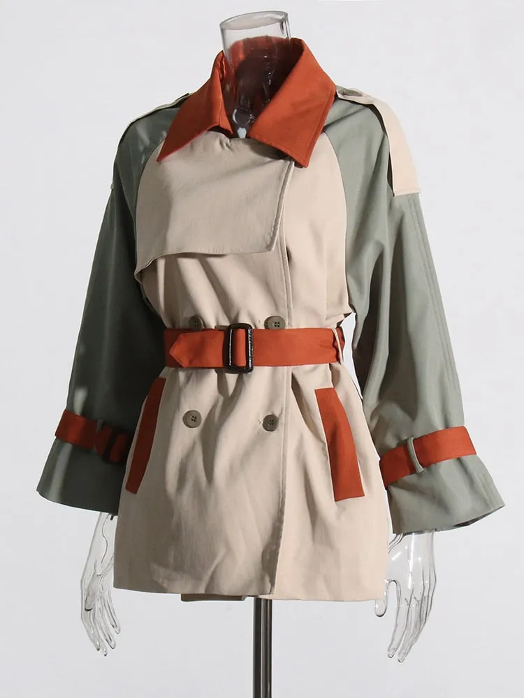 Colorblock Casual Spliced Button Trenches For Women Lapel Long Sleeve Patchwork Belt Temperament Trench Female