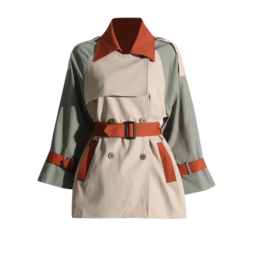 Colorblock Casual Spliced Button Trenches For Women Lapel Long Sleeve Patchwork Belt Temperament Trench Female