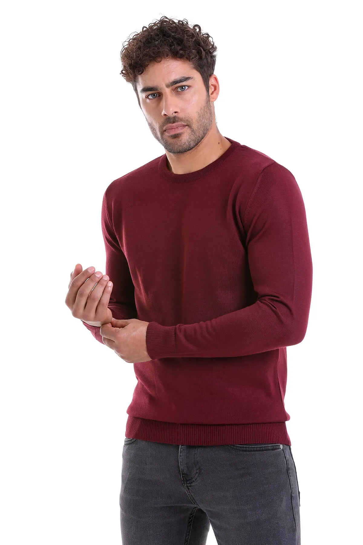 Comfort Fit Wool Blend Burgundy Crewneck Sweater