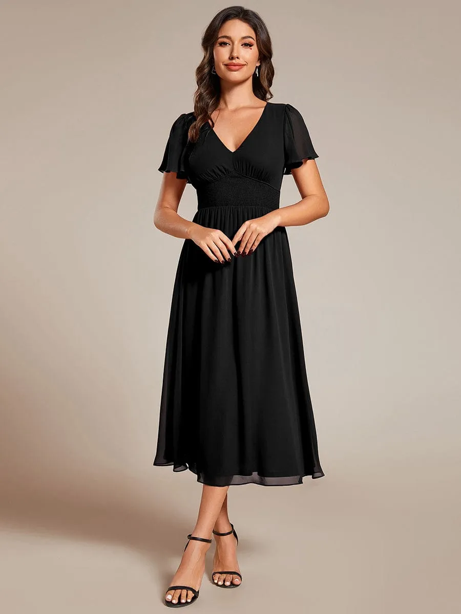 Elegant V-Neck Ruffle Sleeves Empire Waist Wedding Guest Dress in Chiffon