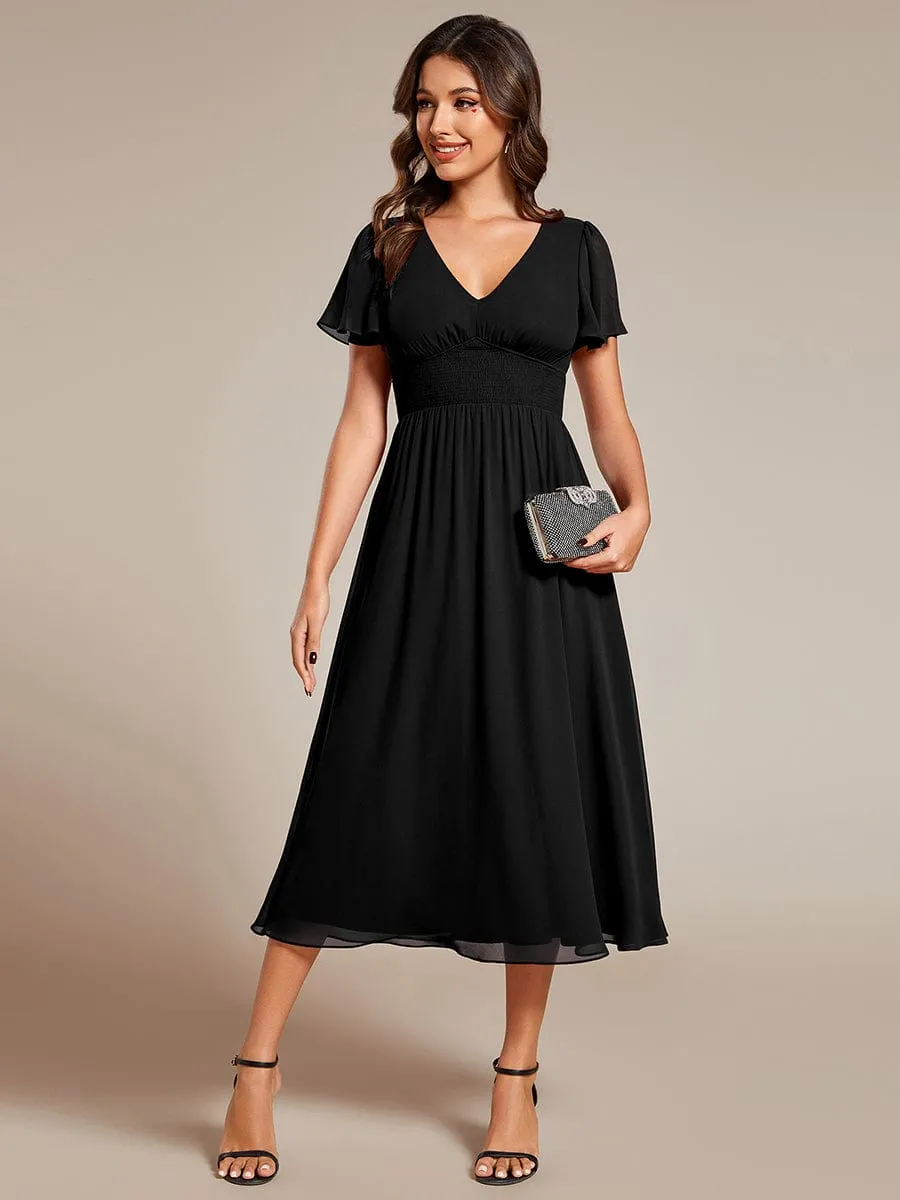 Elegant V-Neck Ruffle Sleeves Empire Waist Wedding Guest Dress in Chiffon