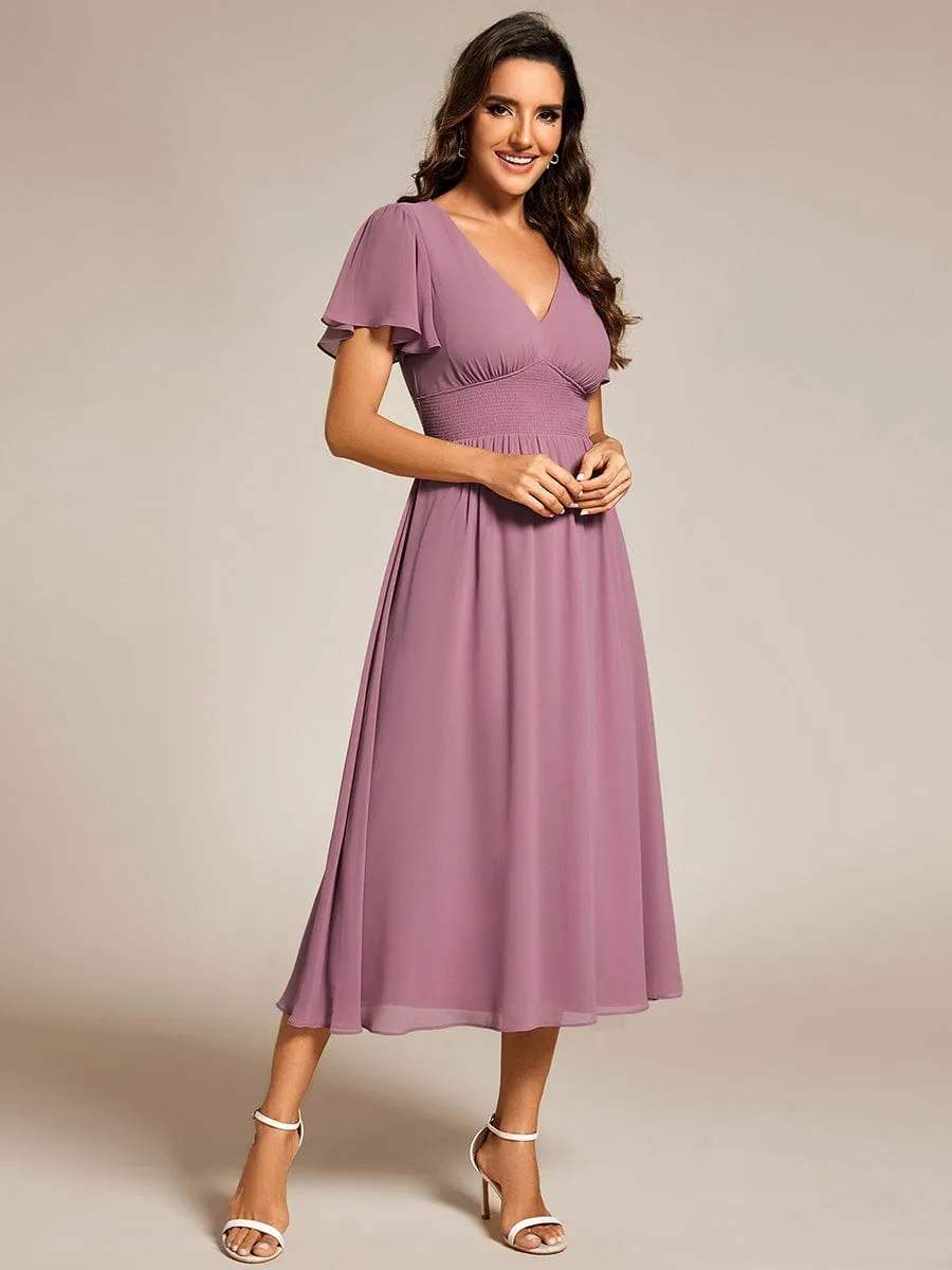 Elegant V-Neck Ruffle Sleeves Empire Waist Wedding Guest Dress in Chiffon