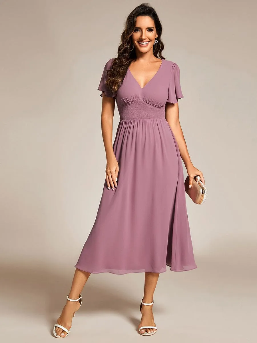 Elegant V-Neck Ruffle Sleeves Empire Waist Wedding Guest Dress in Chiffon