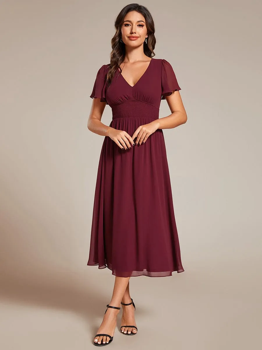 Elegant V-Neck Ruffle Sleeves Empire Waist Wedding Guest Dress in Chiffon