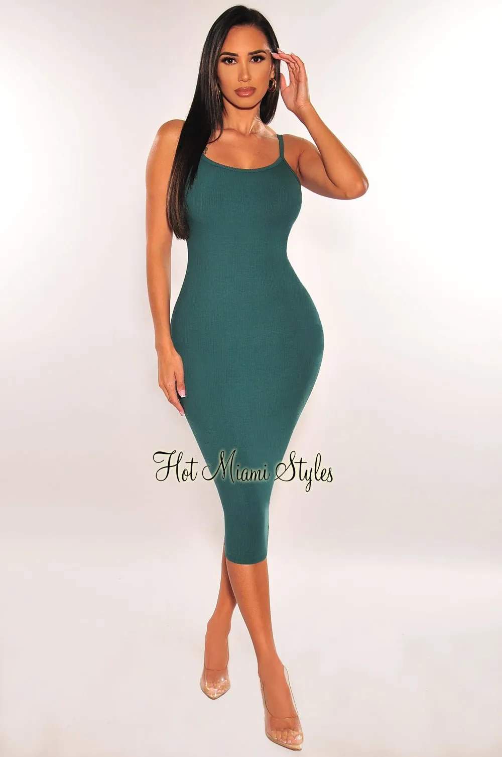 Forrest Green Ribbed Knit Spaghetti Straps Scoop Back Midi Dress