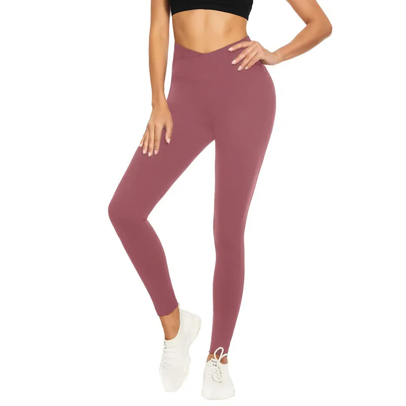 Fullsoft Womens Cross Waist Leggings High Waisted Yoga Pants Rouge Blush