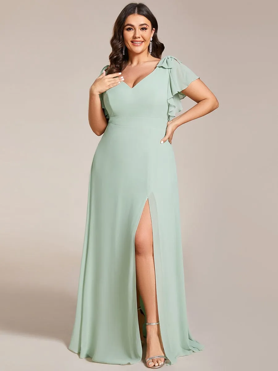 Gloria | Short Sleeves with Bowknot High Front Slit A-Line Chiffon Bridesmaid Dress