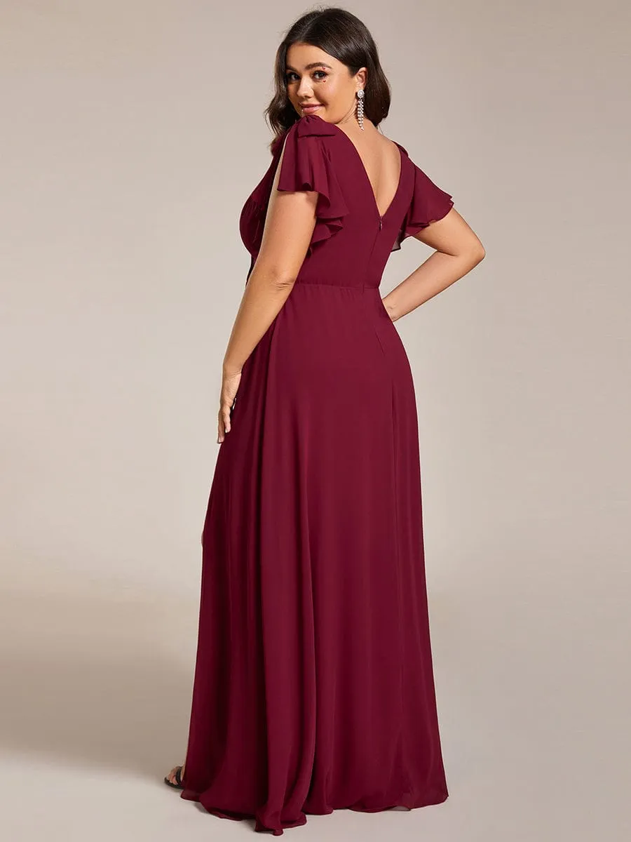 Gloria | Short Sleeves with Bowknot High Front Slit A-Line Chiffon Bridesmaid Dress