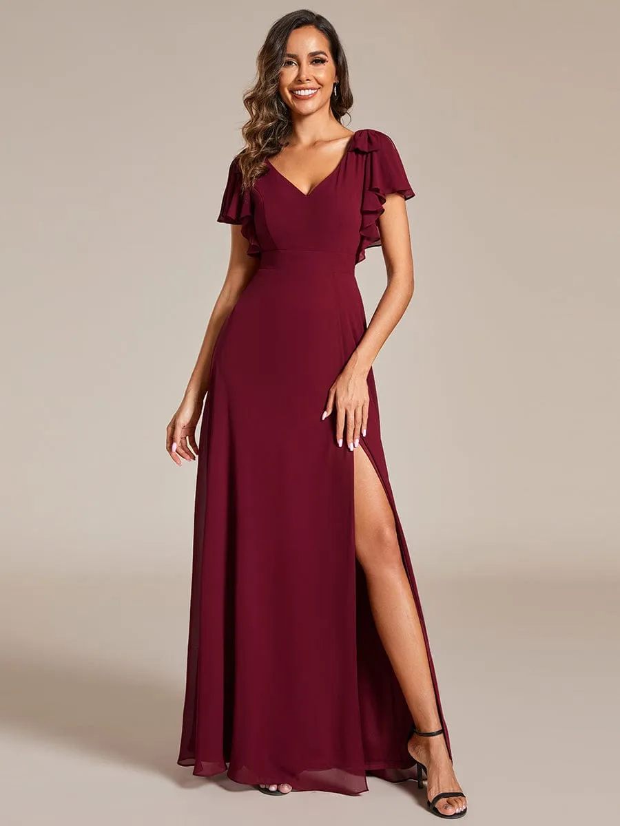 Gloria | Short Sleeves with Bowknot High Front Slit A-Line Chiffon Bridesmaid Dress