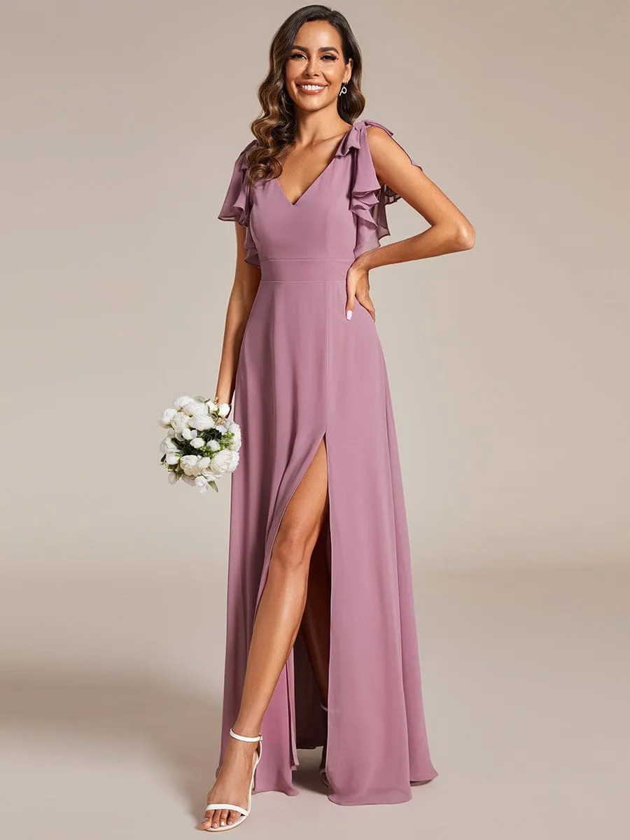 Gloria | Short Sleeves with Bowknot High Front Slit A-Line Chiffon Bridesmaid Dress