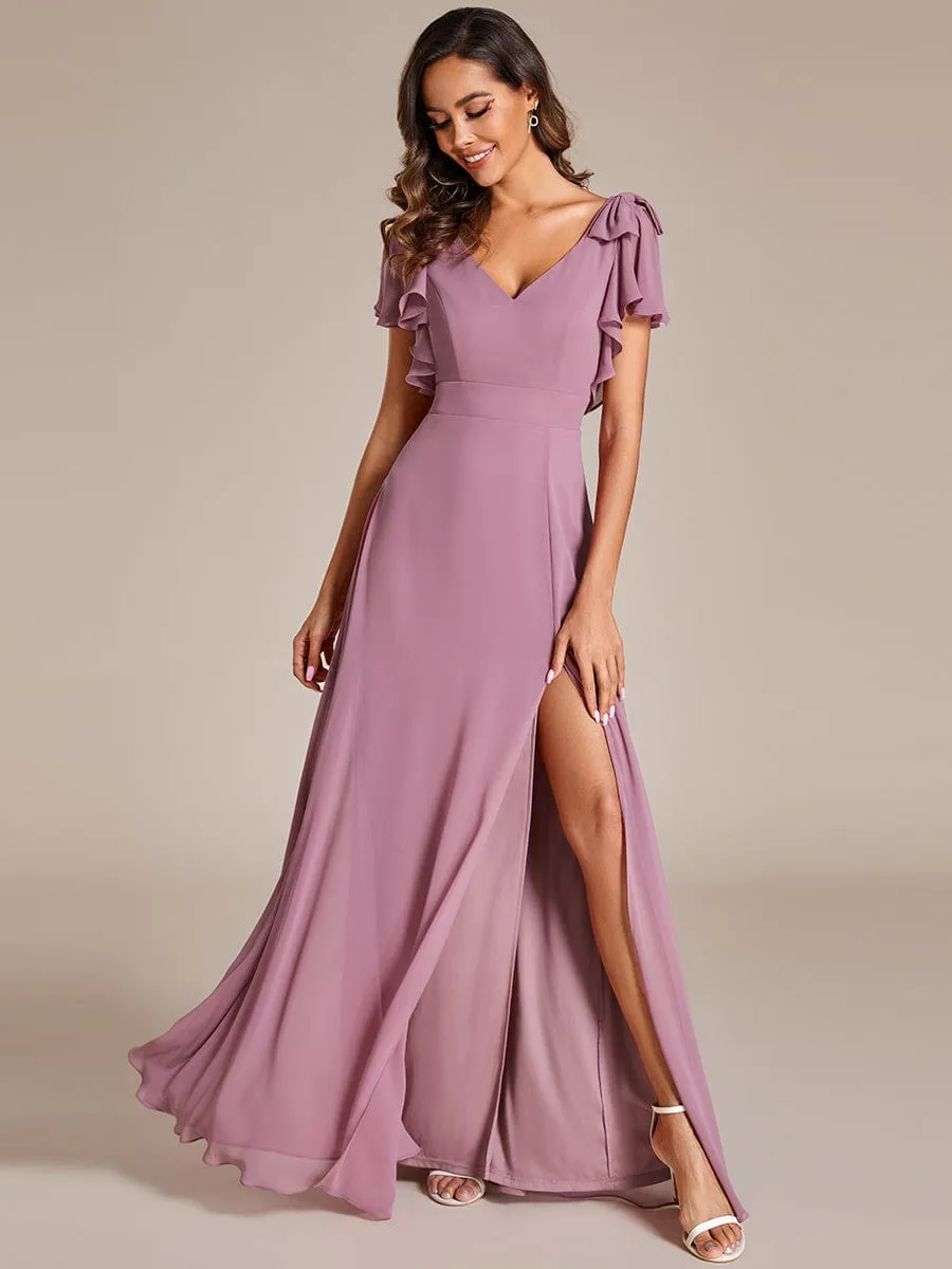 Gloria | Short Sleeves with Bowknot High Front Slit A-Line Chiffon Bridesmaid Dress