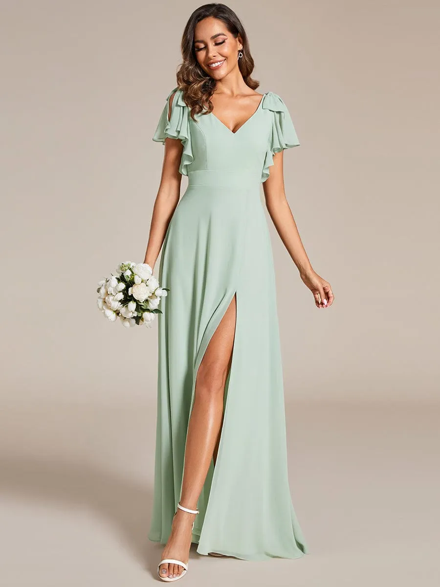 Gloria | Short Sleeves with Bowknot High Front Slit A-Line Chiffon Bridesmaid Dress