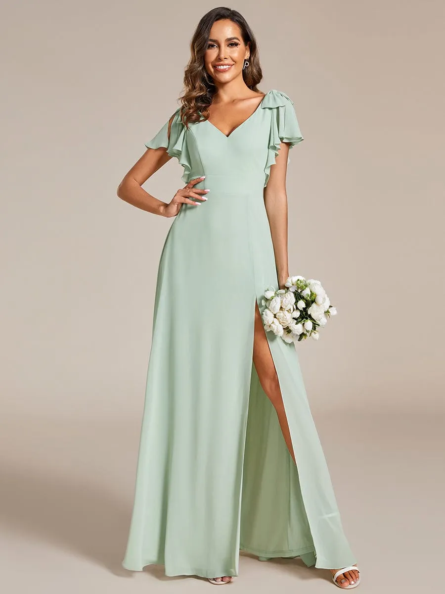 Gloria | Short Sleeves with Bowknot High Front Slit A-Line Chiffon Bridesmaid Dress