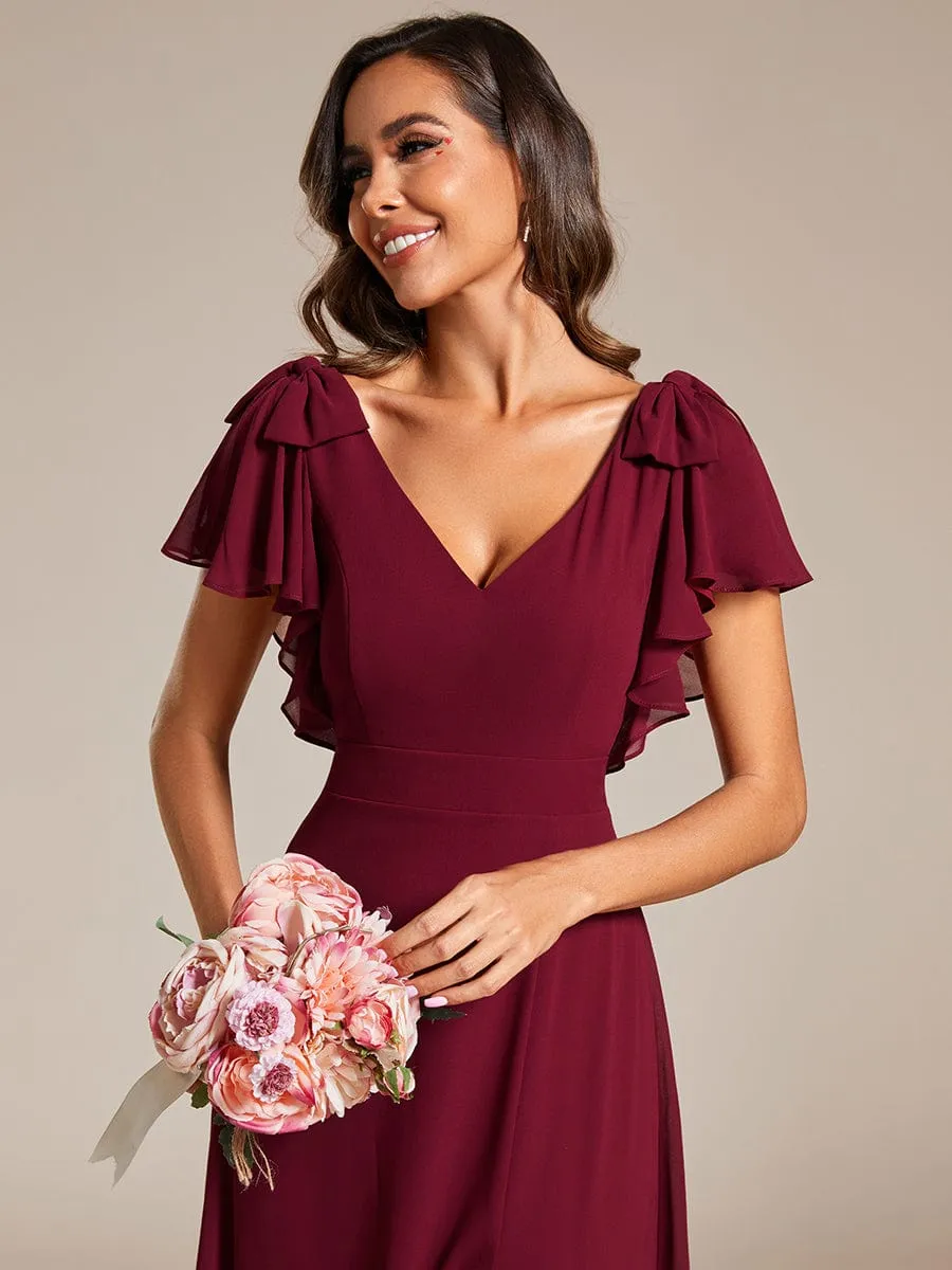 Gloria | Short Sleeves with Bowknot High Front Slit A-Line Chiffon Bridesmaid Dress