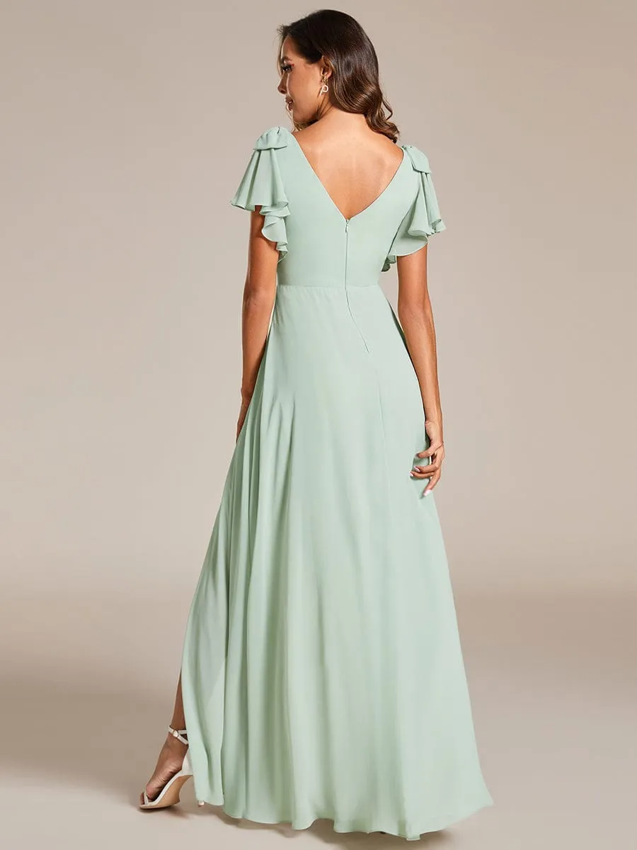 Gloria | Short Sleeves with Bowknot High Front Slit A-Line Chiffon Bridesmaid Dress