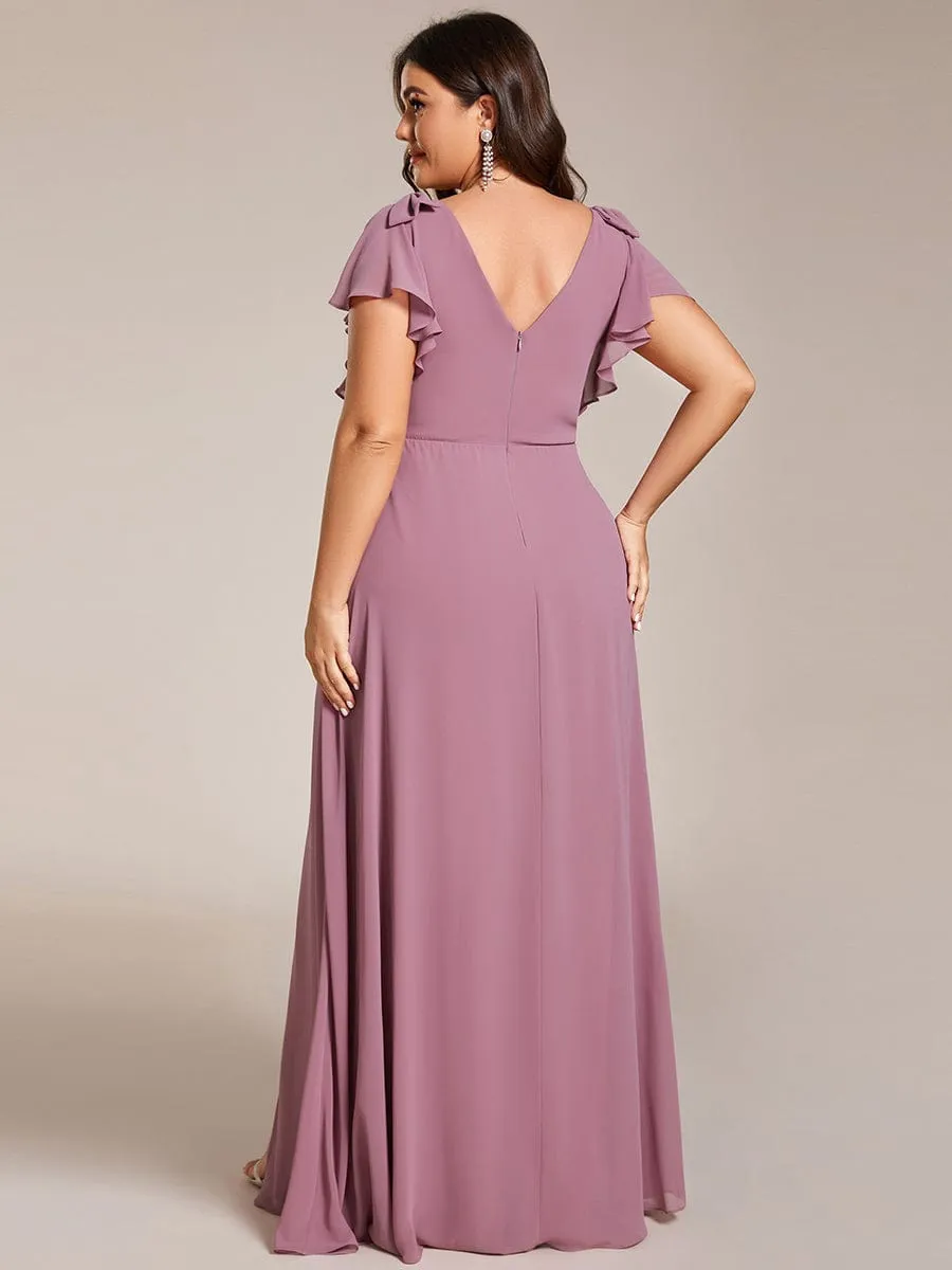 Gloria | Short Sleeves with Bowknot High Front Slit A-Line Chiffon Bridesmaid Dress