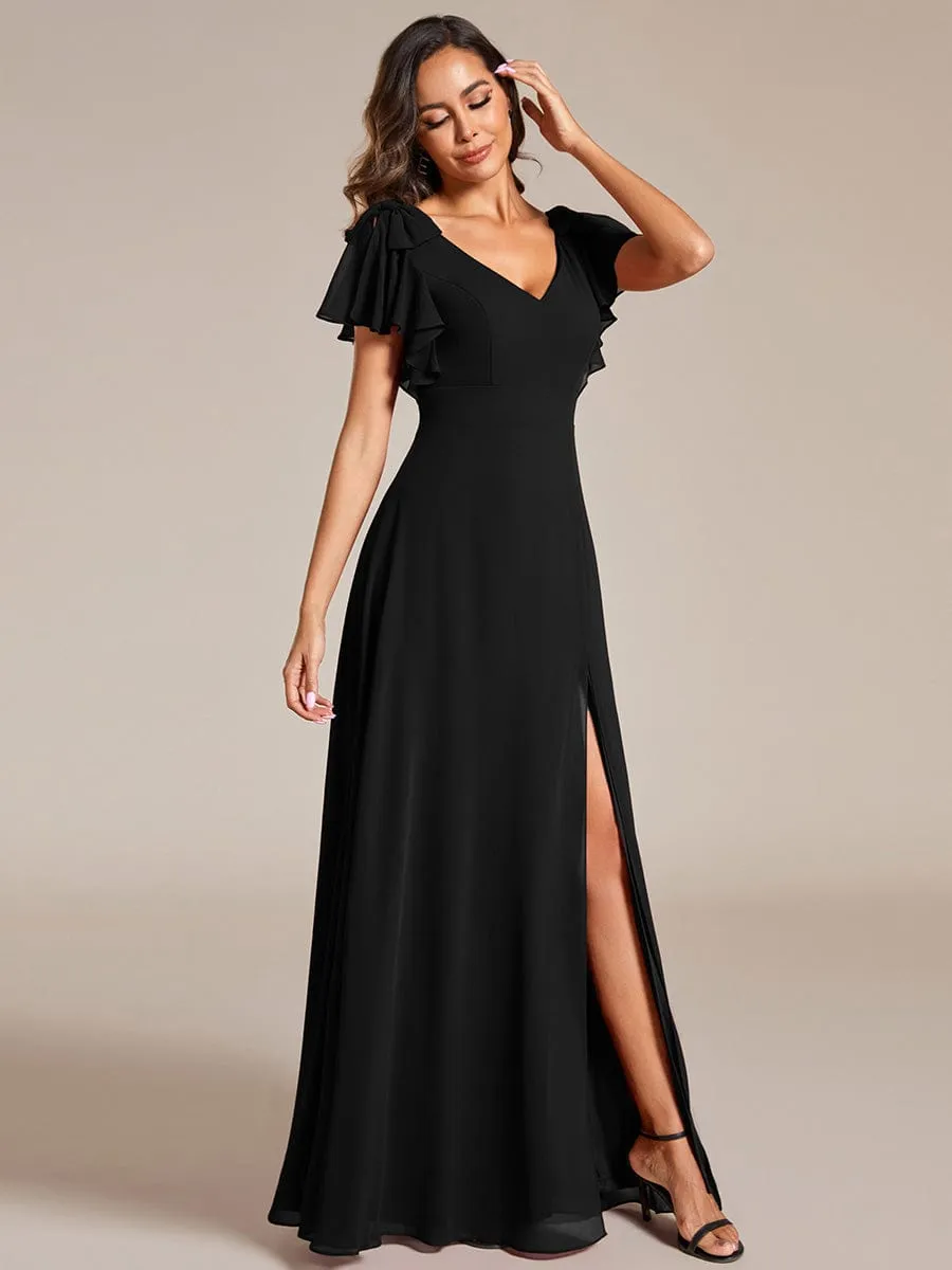 Gloria | Short Sleeves with Bowknot High Front Slit A-Line Chiffon Bridesmaid Dress