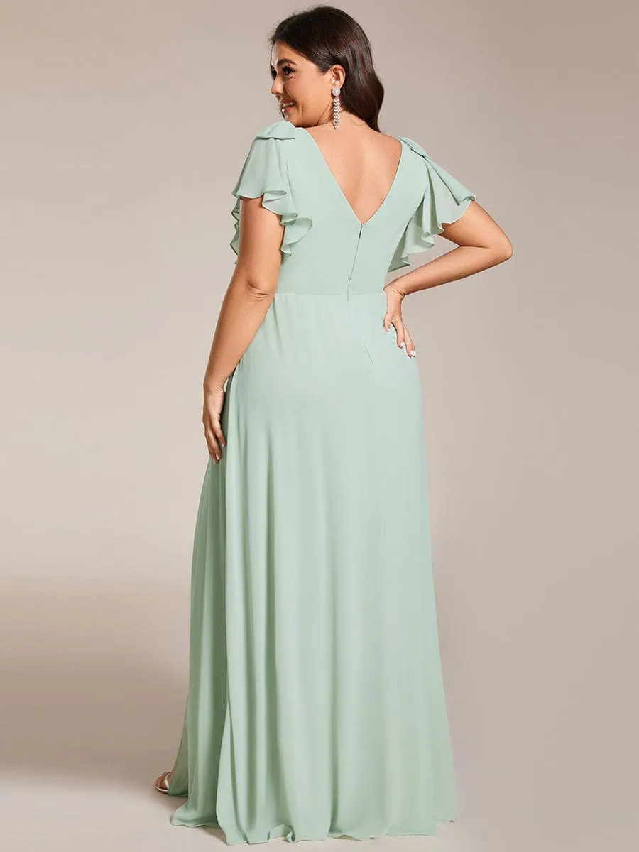 Gloria | Short Sleeves with Bowknot High Front Slit A-Line Chiffon Bridesmaid Dress