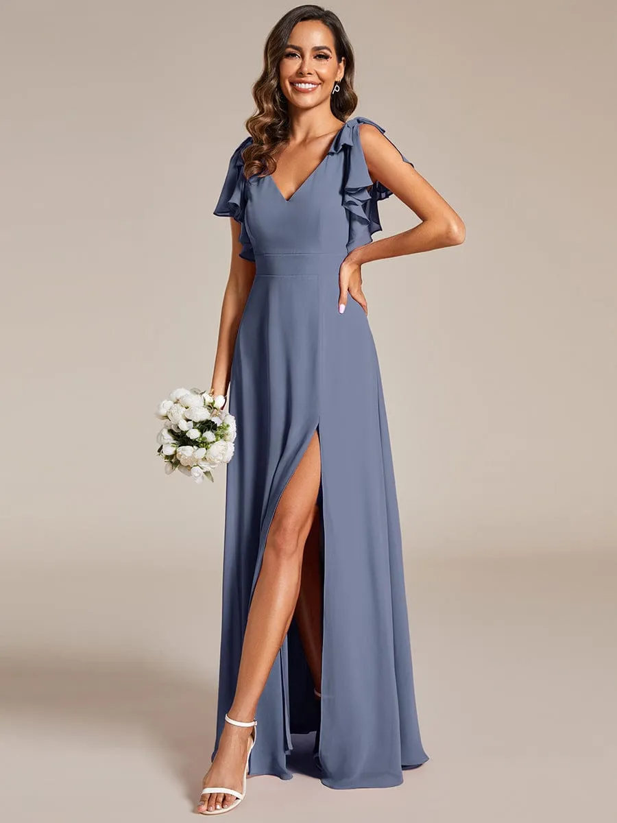 Gloria | Short Sleeves with Bowknot High Front Slit A-Line Chiffon Bridesmaid Dress