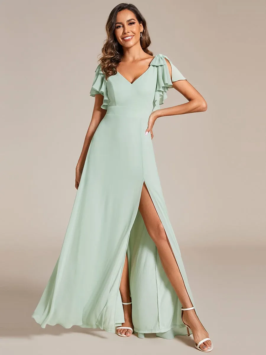 Gloria | Short Sleeves with Bowknot High Front Slit A-Line Chiffon Bridesmaid Dress