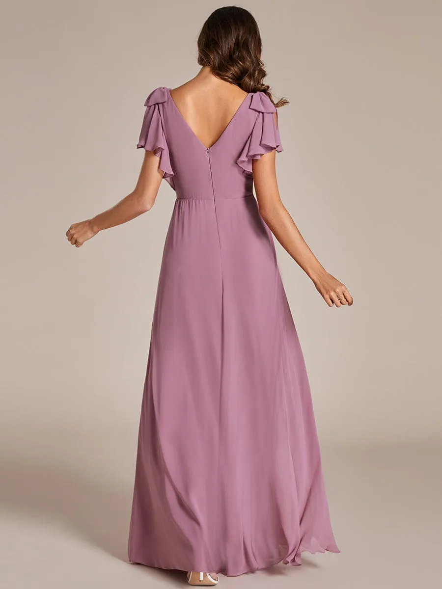 Gloria | Short Sleeves with Bowknot High Front Slit A-Line Chiffon Bridesmaid Dress