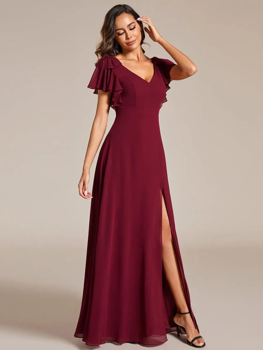 Gloria | Short Sleeves with Bowknot High Front Slit A-Line Chiffon Bridesmaid Dress