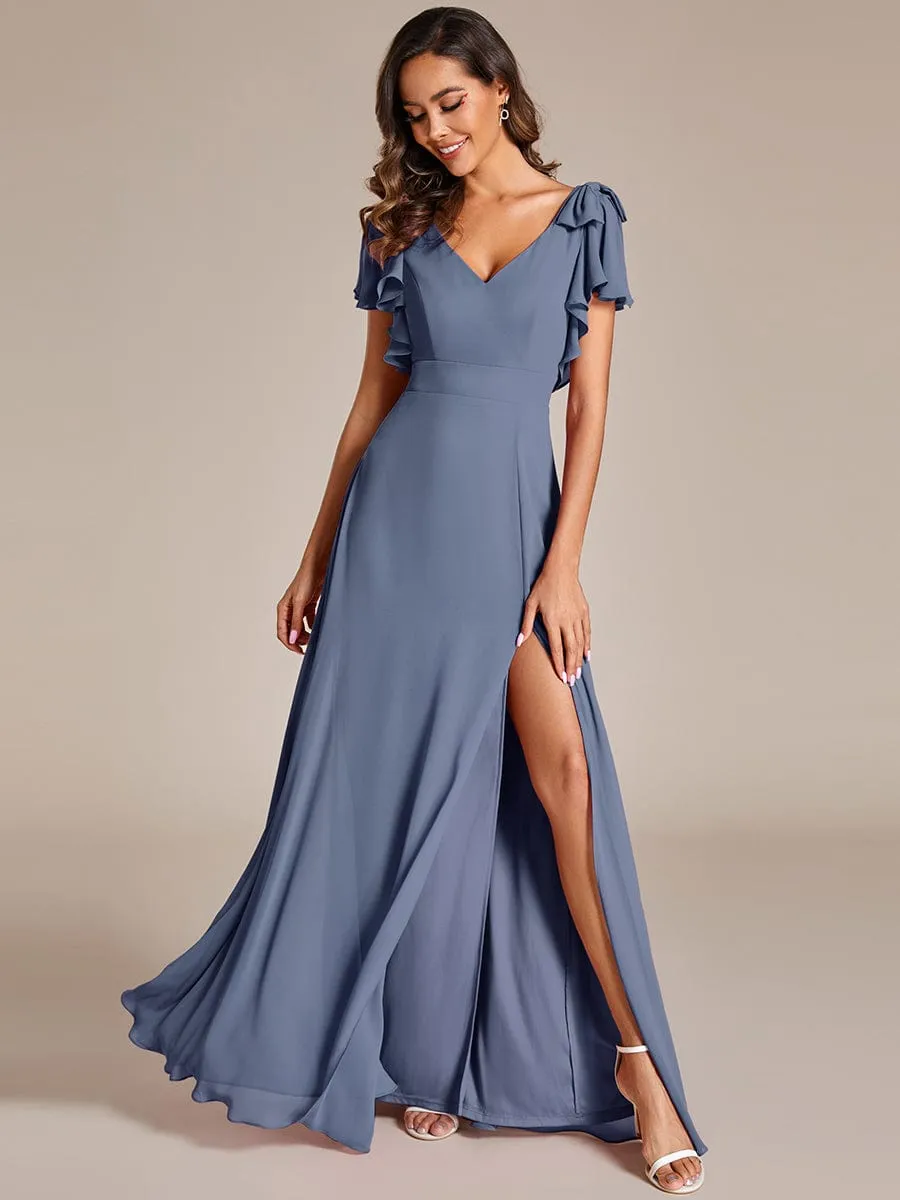 Gloria | Short Sleeves with Bowknot High Front Slit A-Line Chiffon Bridesmaid Dress