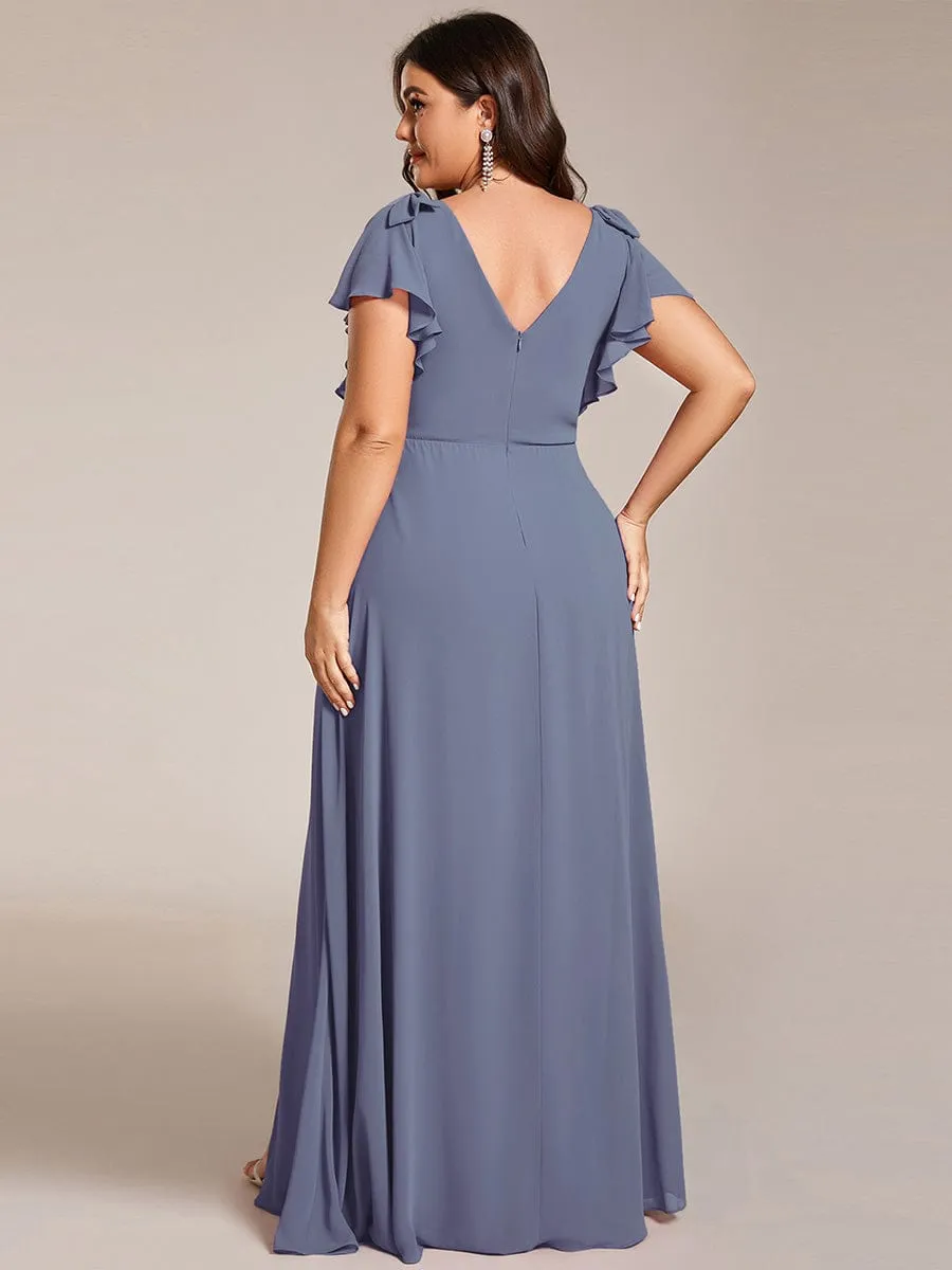 Gloria | Short Sleeves with Bowknot High Front Slit A-Line Chiffon Bridesmaid Dress