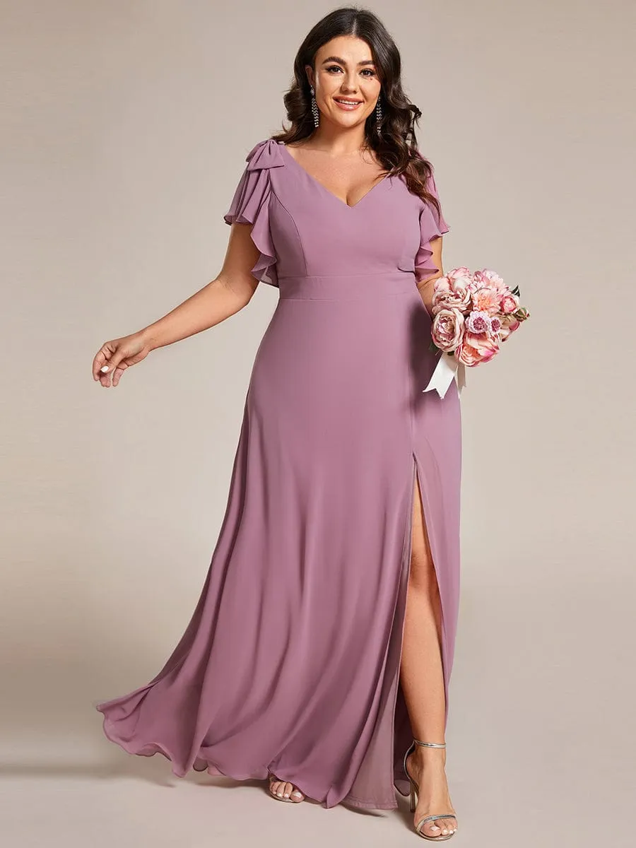 Gloria | Short Sleeves with Bowknot High Front Slit A-Line Chiffon Bridesmaid Dress