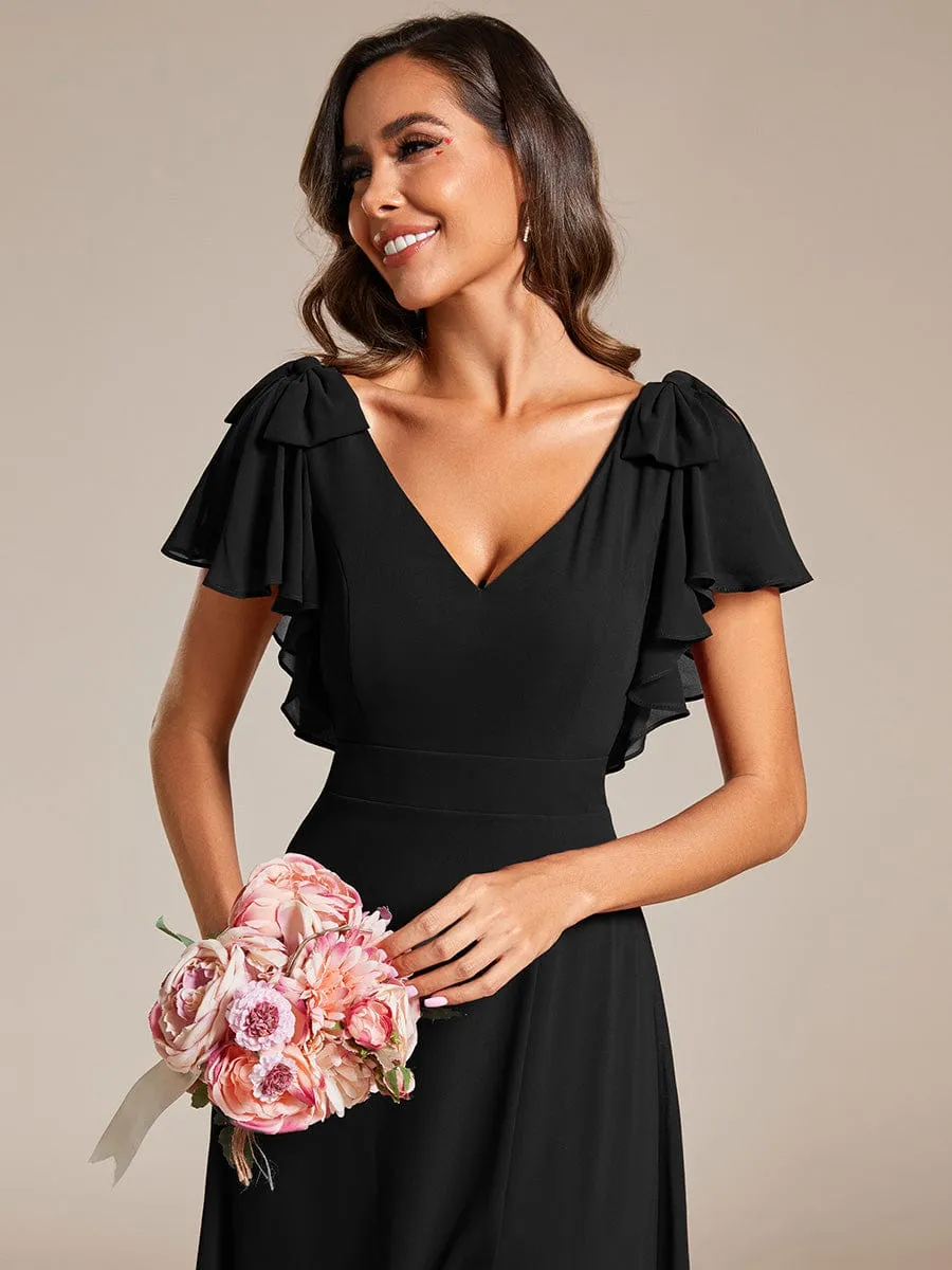 Gloria | Short Sleeves with Bowknot High Front Slit A-Line Chiffon Bridesmaid Dress