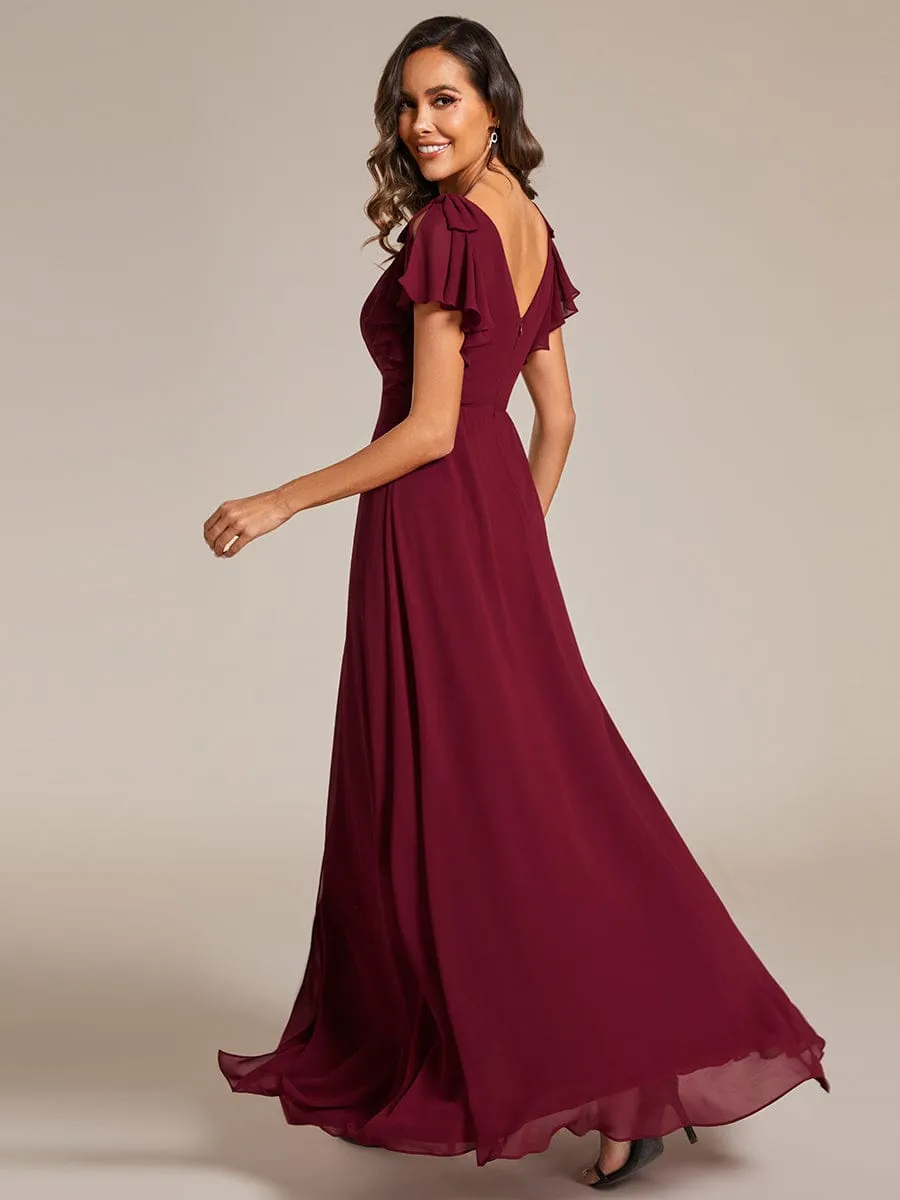 Gloria | Short Sleeves with Bowknot High Front Slit A-Line Chiffon Bridesmaid Dress