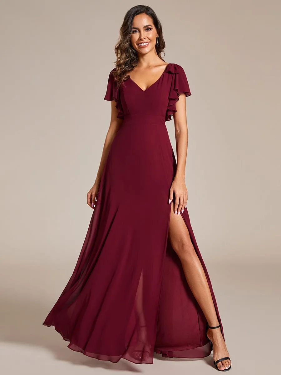 Gloria | Short Sleeves with Bowknot High Front Slit A-Line Chiffon Bridesmaid Dress