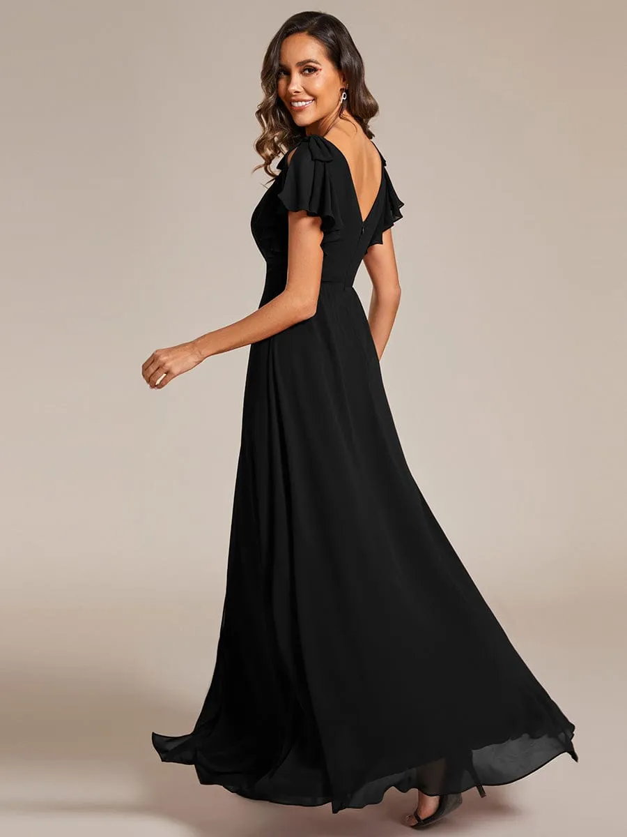 Gloria | Short Sleeves with Bowknot High Front Slit A-Line Chiffon Bridesmaid Dress